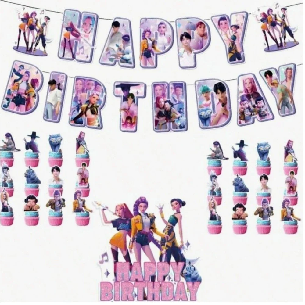 K-Pop Demon Hunter Birthday Party Decorations Supplies Pink Blue Decor 2 Sets